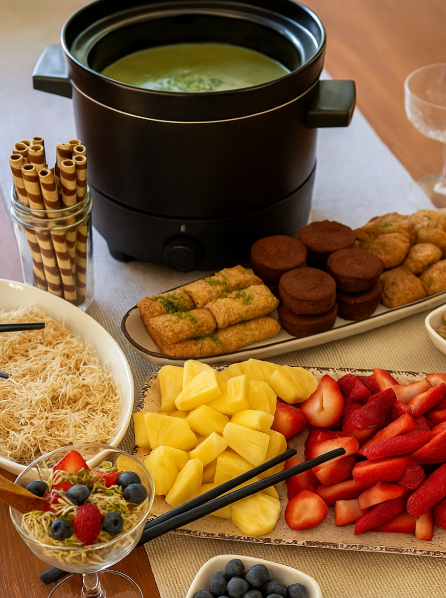 Fondue au chocolat blanc et crème de pistaches sucrée