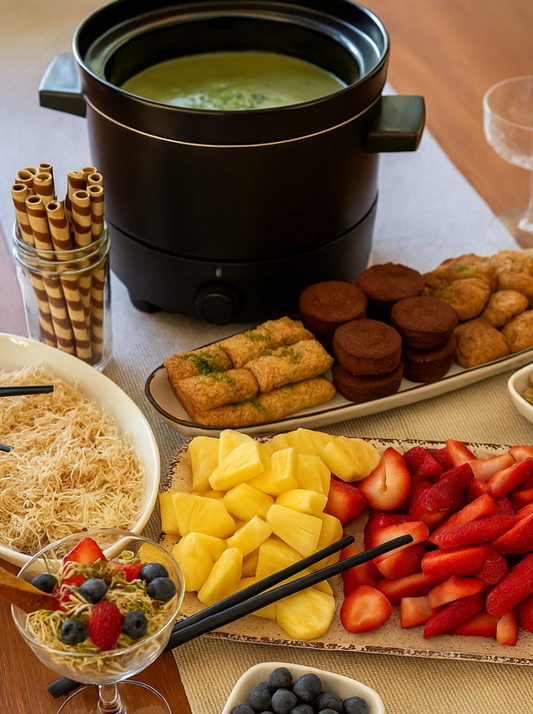 Fondue au chocolat blanc et crème de pistaches sucrée